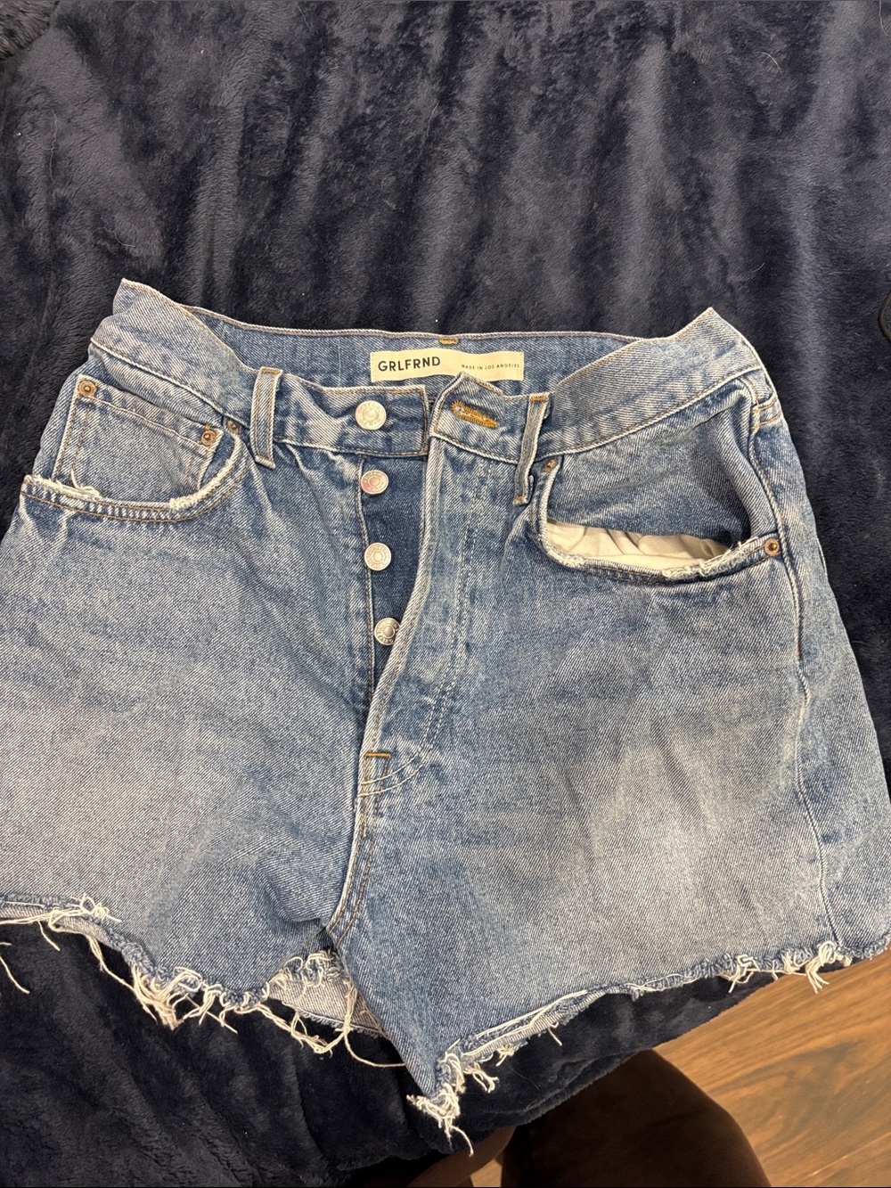 GRLFRND Medium Wash High-Rise Button-Fly Denim Cutoff Shorts